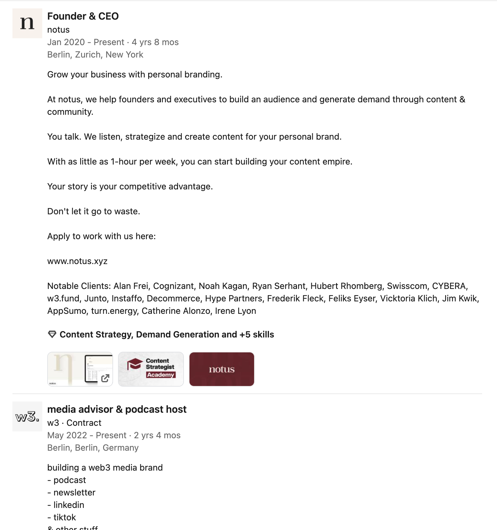 LinkedIn Experience section example