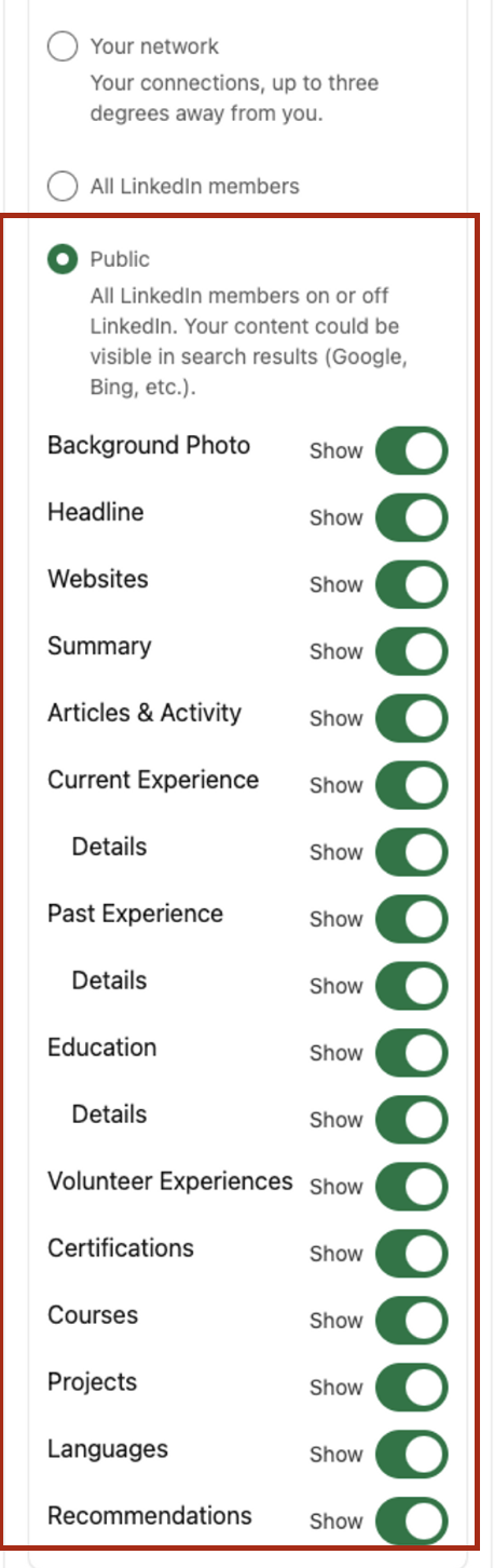 LinkedIn public profile visibility settings — all sections set to Show